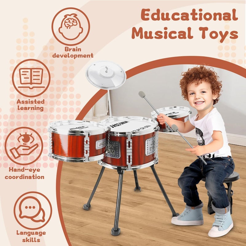 TWFRIC Kids Drum Set Music Toy Drum Set for Toddlers Ages 3-5 Jazz Drums Kit with Stool, 3 Drums Percussion Musical Instruments Toys for 3 4 5 Year Old Boys Girls Gifts - Image 4